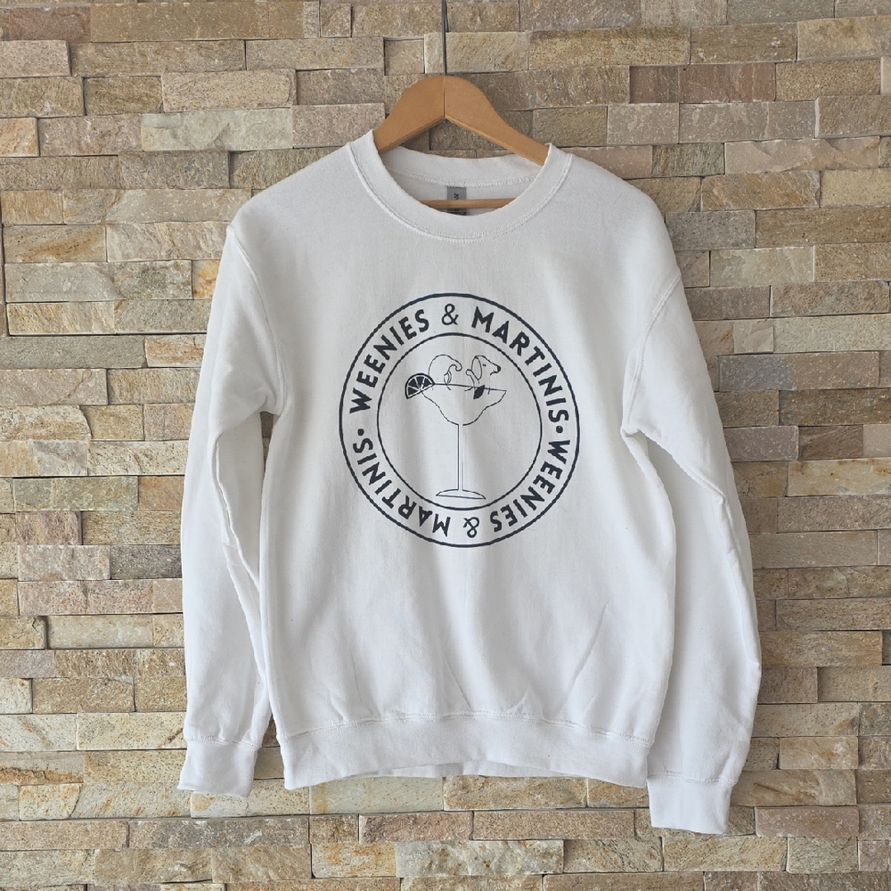 Gildan White Crewneck Sweatshirt with Navy Graphic "Weenies & Martinis"